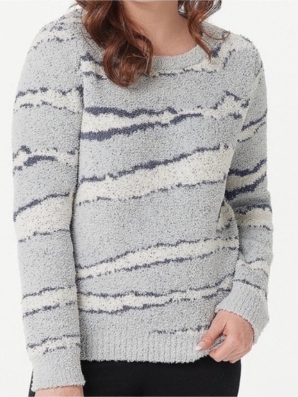 NWT :Barefoot Dreams CozyChic Seaside Crew-Neck Pullover Sweater - Ocean Zebra